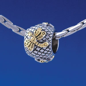 B1372 tlf - Gold Dragonfly on Silver Hatched Background - Im. Rhodium & Gold Plated Large Hole Bead