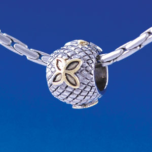 B1374 tlf - Gold Flower on Silver Hatched Background - Im. Rhodium & Gold Plated Large Hole Bead