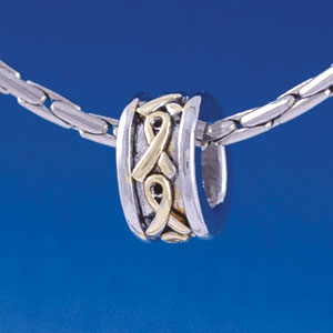 B1391 tlf - Gold Awareness Ribbon on Silver - Im. Rhodium & Gold Plated Large Hole Bead