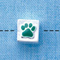 B1085 tlf - 6mm Cube with Green Enamel Paw - Silver Plated Beads