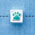 B1090 tlf - 6mm Cube with Teal Enamel Paw - Silver Plated Beads