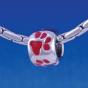 B1118 tlf - Silver Bead with Red Paw Prints - Im. Rhodium Large Hole Beads
