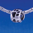 B1122 tlf - Silver Bead with Black Paw Prints - Im. Rhodium Large Hole Beads