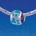 B1123 tlf - Silver Bead with Teal Paw Prints - Im. Rhodium Large Hole Beads