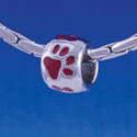 B1125 tlf - Silver Bead with Maroon Paw Prints - Im. Rhodium Large Hole Beads