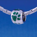 B1126 tlf - Silver Bead with Green Paw Prints - Im. Rhodium Large Hole Beads