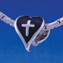 B1215 tlf - Black Heart with Silver Cross - 2-D - Im. Rhodium Large Hole Bead