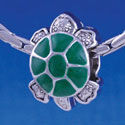 B1219 tlf - Green Enamel 2-D Turtle - Im. Rhodium Large Hole Bead