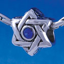 B1325 tlf - Star of David with Blue Swarovski Crystal - Im. Rhodium Plated Large Hole Bead