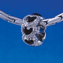 B1344 tlf - Mini Beaded Black Hearts Spacer - Im. Rhodium Plated Large Hole Bead