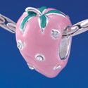 B1353 tlf - Pink Enamel Strawberry with Swarovski Crystal - Silver Plated Large Hole Bead