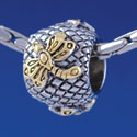 B1372 tlf - Gold Dragonfly on Silver Hatched Background - Im. Rhodium & Gold Plated Large Hole Bead