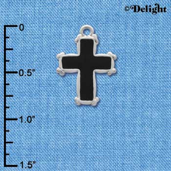 C1203 - Black Enamel Cross with simple border - Silver Charm