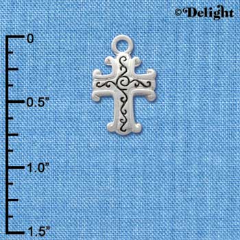C1305 - Silver Scroll Cross with Antiqued Decoration - Silver Charm