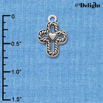 C1307 - Cross with Rope Border and Heart - Silver Charm