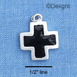 C1681 - Square Cross with Black Enamel and Brushed Finish - Silver Charm
