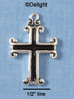 C1871 - Large Black Enamel Scroll Cross Pendant - Silver Charm
