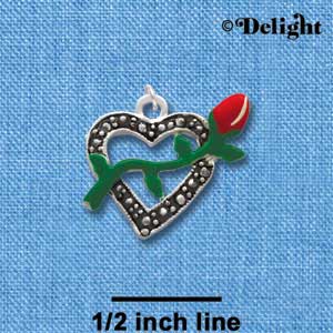 C2180* - Heart With Red Rose Silver Charm (Left or Right)