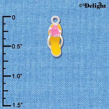 C2413 - Yellow Flip Flop with Pink Hibiscus Flower - Silver Charm