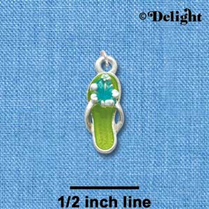 C2415 - Lime Green Flip Flop with Blue Hibiscus Flower - Silver Charm