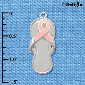 C2557 - Pink Ribbon Flip Flop - Large - Silver Charm