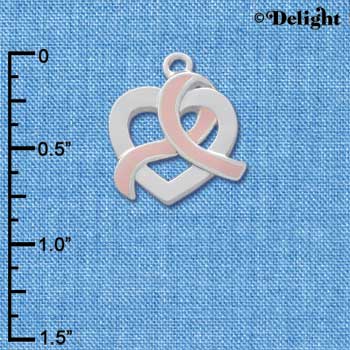 C2574 - Heart Outline with Pink Ribbon Looping Through - Silver Charm