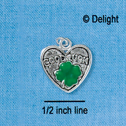 C2625 - Good Luck Heart with Green Four Leaf Clover - Silver Charm