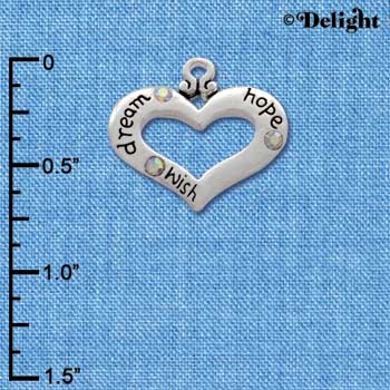 C2716 - Heart with 3 AB Crystals - Dream, Hope, Wish - Silver Charm