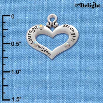 C2717 - Heart with 3 AB Crystals - Courage, Strength, Wisdom - Silver Charm