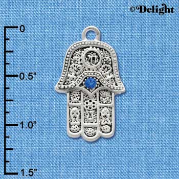 C2723 - Hamsa - Hand with One Blue Stone - Silver Charm