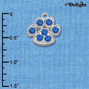 C2782 - Large Paw with Blue Swarovski Crystals - Silver Charm