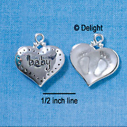 C2869+ - 2-Sided Clear Frosted Baby Feet Impression Heart - Silver Charm