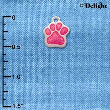 C2873 - Small Hot Pink Glitter Paw - Silver Charm
