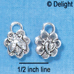 C2903+ - Antiqued Silver Bee on Flower Charm - 3-D Silver Charm