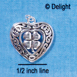 C2911 - Large Silver Heart with Four Leaf Clover - Silver Charm