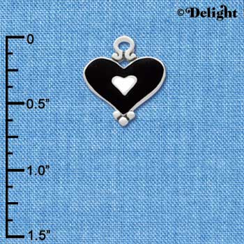 C2919+ - Black and White Enamel Heart Charm - Silver Charm