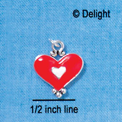 C2920+ - Red and White Enamel Heart Charm - Silver Charm