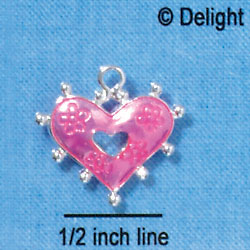 C2927+ - 2 Sided Hot Pink Enamel Heart with Flowers - Silver Charm