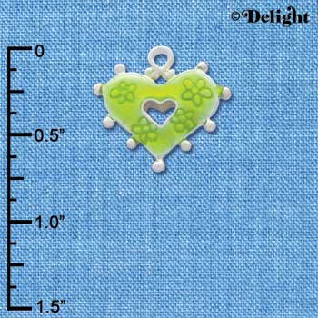 C2929+ - 2 Sided Lime Green Enamel Heart with Flowers - Silver Charm