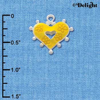 C2930+ - 2 Sided Hot Yellow Enamel Heart with Flowers - Silver Charm