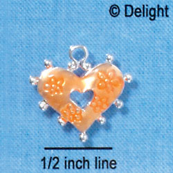 C2931+ - 2 Sided Hot Orange Enamel Heart with Flowers - Silver Charm