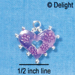 C2932+ - 2 Sided Hot Purple Enamel Heart with Flowers - Silver Charm