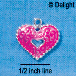 C2933+ - 2 Sided Hot Pink Enamel Swirl Heart with Beaded Border - Silver Charm