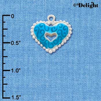 C2934+ - 2 Sided Hot Blue Enamel Swirl Heart with Beaded Border - Silver Charm