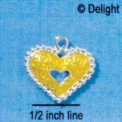 C2936+ - 2 Sided Hot Yellow Enamel Swirl Heart with Beaded Border - Silver Charm