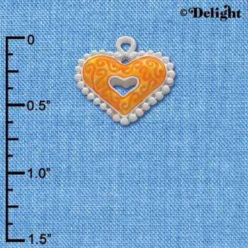 C2937+ - 2 Sided Hot Orange Enamel Swirl Heart with Beaded Border - Silver Charm