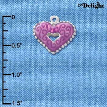 C2938+ - 2 Sided Hot Purple Enamel Swirl Heart with Beaded Border - Silver Charm