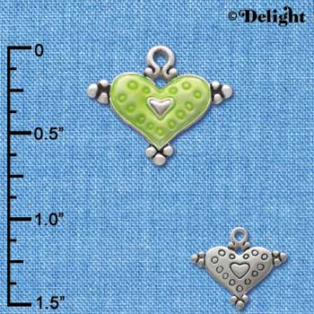 C2941+ - Lime Green Enamel Heart with Circles - Silver Charm