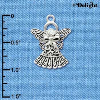 C2962 - Antiqued Silver Angel with Bow & Swarovski Crystal - Silver Charm