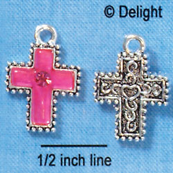 C2972+ - Hot Pink Resin Cross with Beaded Border & Swarovski Crystal - Silver Charm